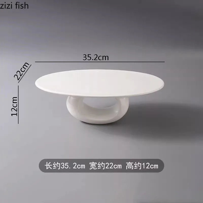 Axya High Foot Ceramic Dinner Plate - Pure White Oval Flat Plate