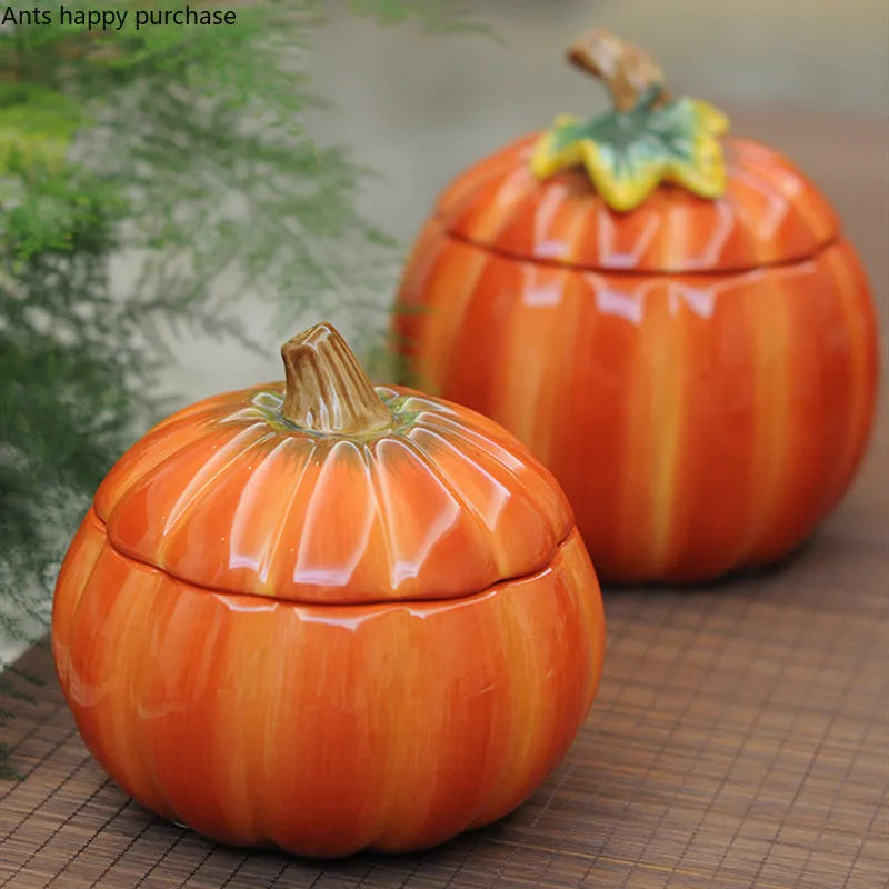Axya Hand-Painted Pumpkin Storage Jar with Cover - Decorative Food Storage Box