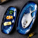 Axyaa Blue Fish Plate Japanese Style Oval Sushi Serving Platter Large Glaze Color