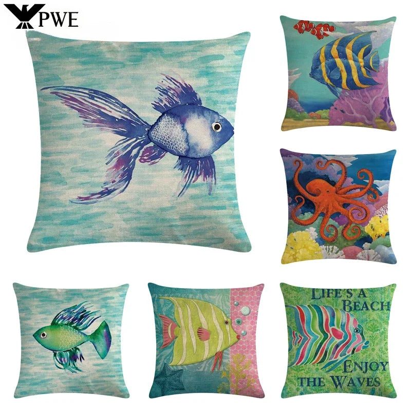 Axyaa Cartoon Sea Pattern Cushion Cover 45*45cm Living Room Sofa Decor Pillowcase