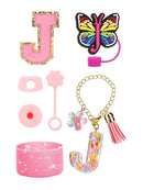 Axyaa Cup Set: Initials Silicone Straw Cap Boot Handle Sticker Charm