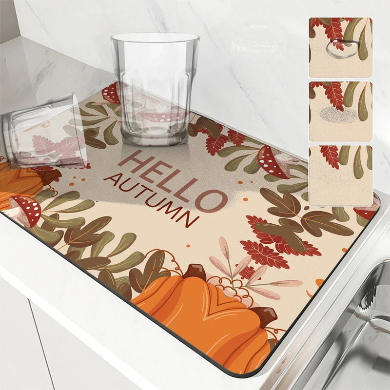 Autumn Harvest Maple Leaves Kitchen Drying Mat by Axyaa
