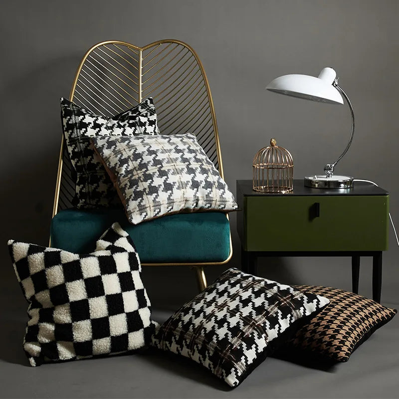 Axyaa Checkerboard Houndstooth Pillowcase 30x50/45/50cm - Nordic Tufted Black White Cushion Cover
