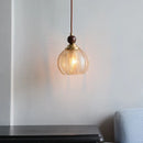 Axyaa Amber Glass LED Pendant Light: Japanese Style Wood Copper Cap Hanging Lamp