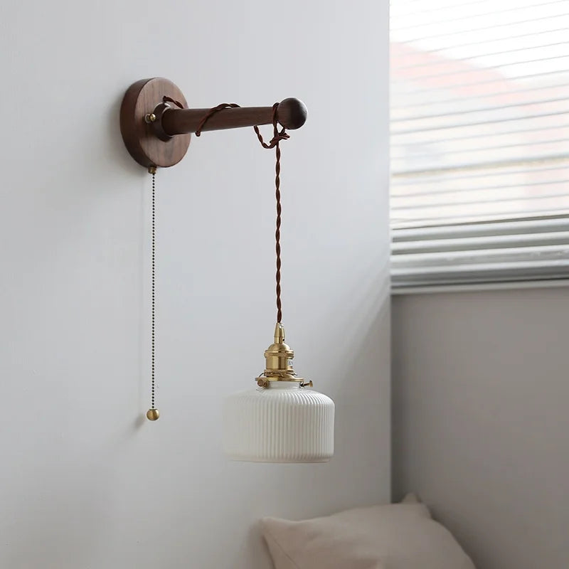Axyaa Round Ceramic E27 Wall Lamp with Pull Chain Switch and Warm LED Light