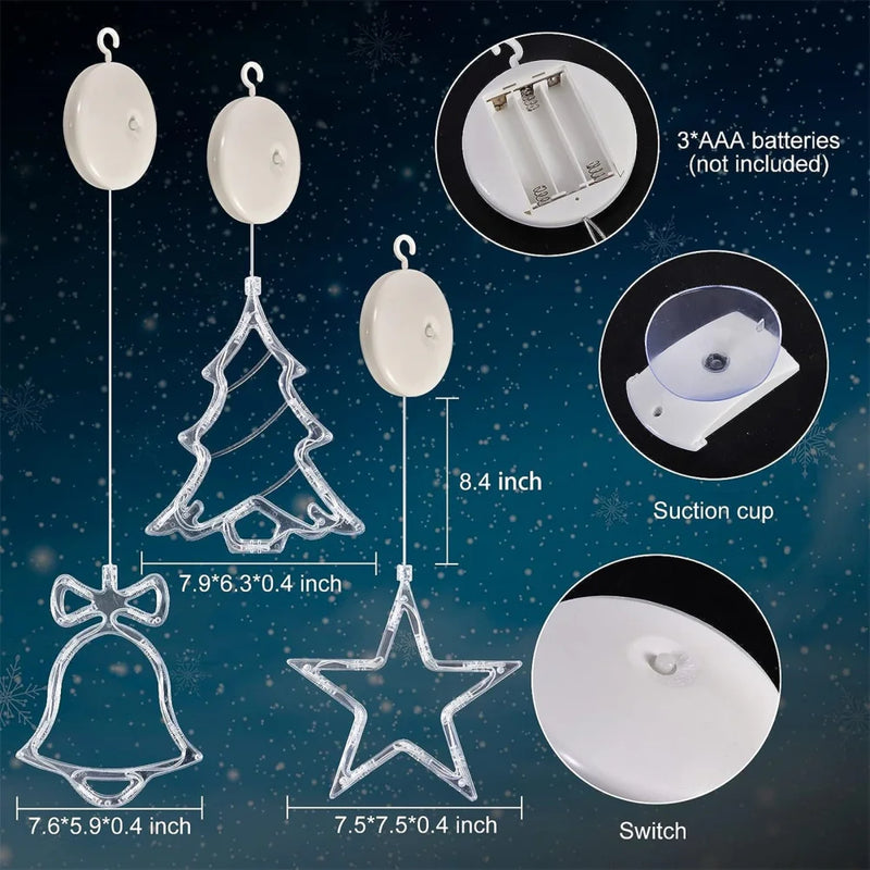 Axya LED Christmas Window Lights - Battery Powered Suction Cup Decor - Tree Bell Star Shapes