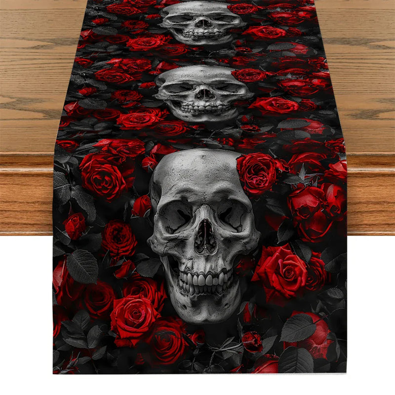 Axyaa Halloween Skull Flower Table Runner
