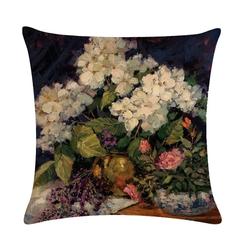 Axyaa Retro Flower Oil Painting Linen Pillowcase 45*45cm