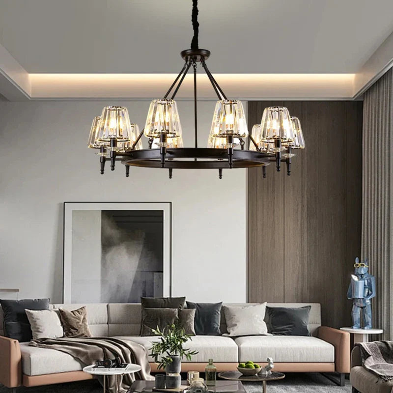 Axyaa Retro Matte Black Metal Crystal Chandelier Pendant Lights