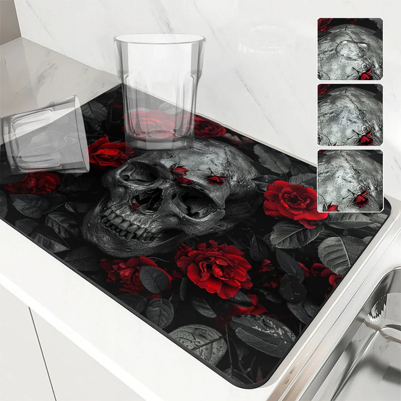 Axyaa Halloween Skull Kitchen Absorbent Mat, Antiskid & Quick Dry Draining Pad