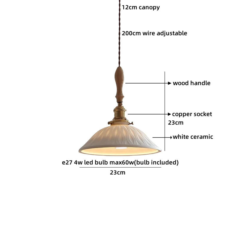 Axyaa Ceramic Pendant Light Wood White LED Lamp for Living Room & Cafe