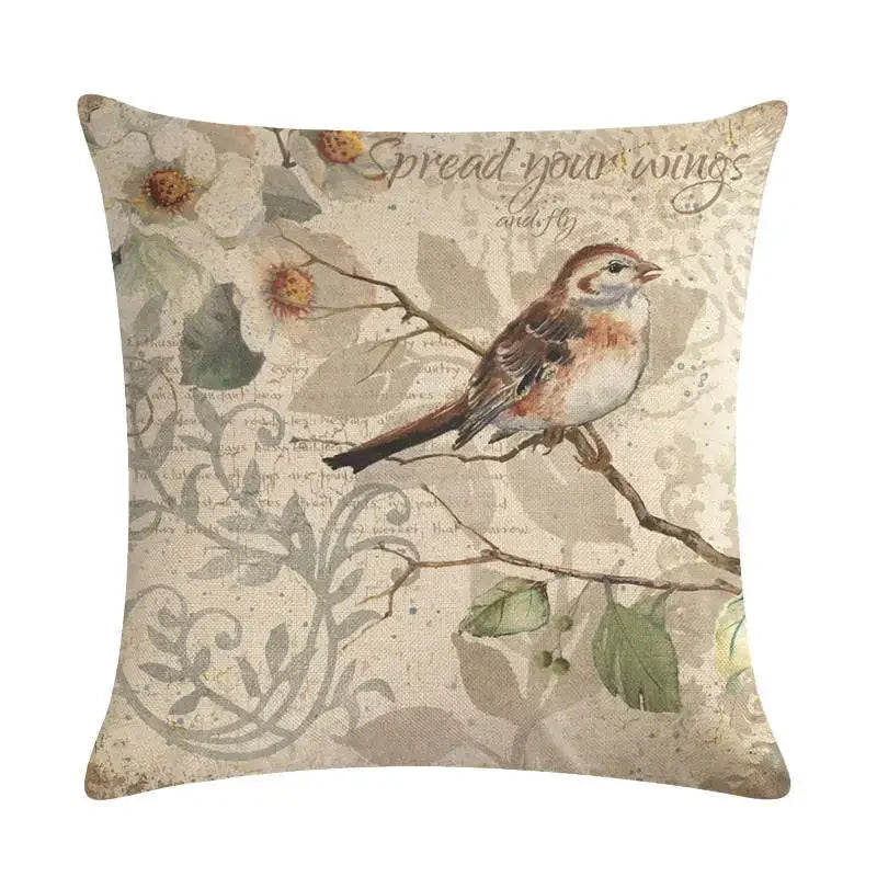 Axyaa Retro Bird Branch Linen Pillow Cover for Home Decor and Comfort