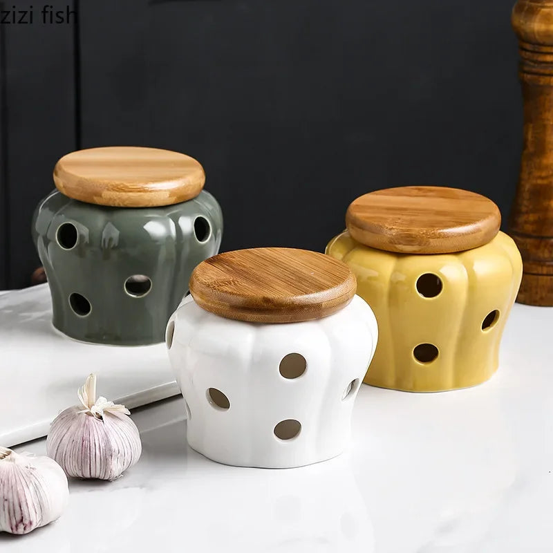 Axya Ceramic Garlic Ginger Jar with Wooden Lid Home Kitchen Organizer Container