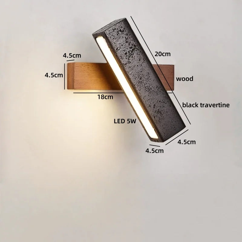 Axyaa Wabi Sabi LED Wall Light Black Travertine Wood Pull Chain Switch Bedside Lamp