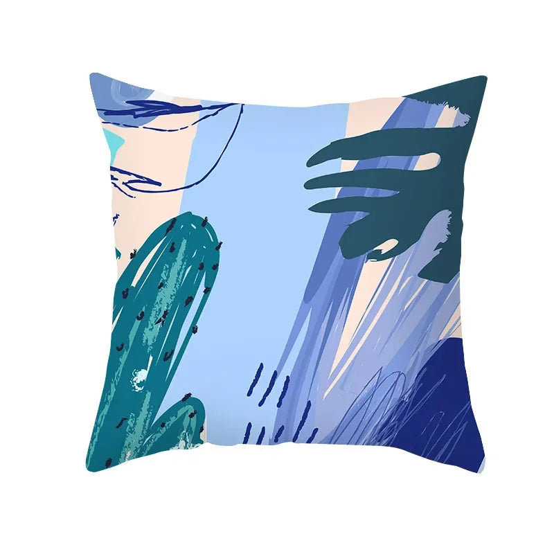 Axyaa Pink Blue Abstract Plants Floral Pillows Case - Modern Art Decor Sofa Couch