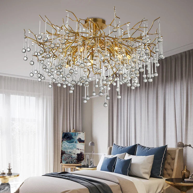 Axyaa Crystal Gold Tree Branch Ceiling Chandelier