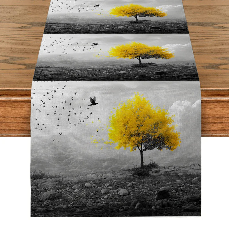 Axyaa Yellow Tree Birds Table Runner for Kitchen Dining Wedding Party