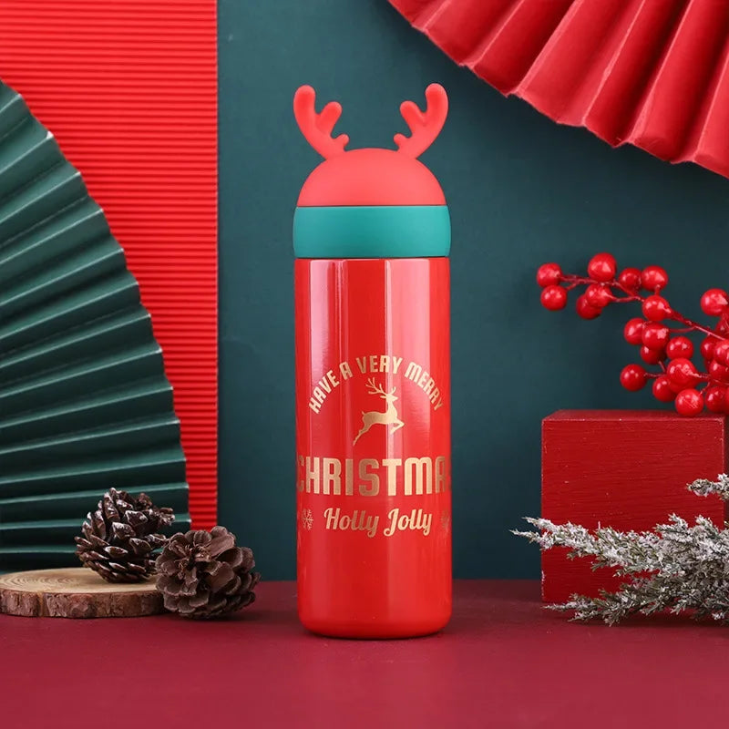Axyaa Cartoon Antler Stainless Steel Thermos Cups: Festive Couple Cups for Christmas, New Year.