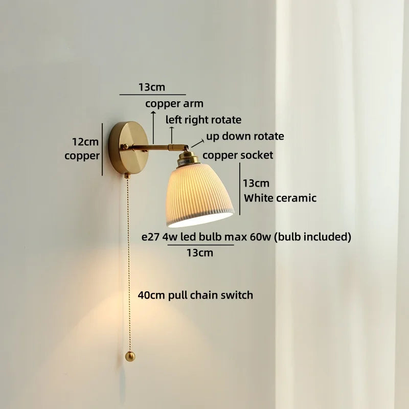 Axyaa Ceramic LED Wall Lamp: Japan Style Gold Brass Arm, Up Down Rotate