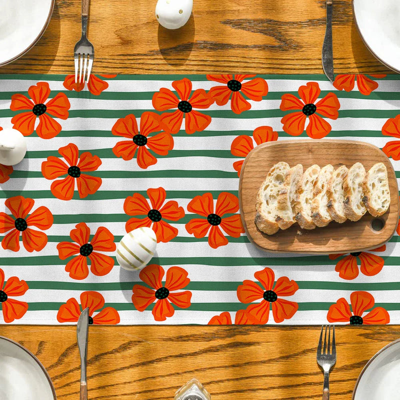 Axyaa Bamboo Lines Table Runner - Kitchen Dining Holiday Decor Flower Turtle Back