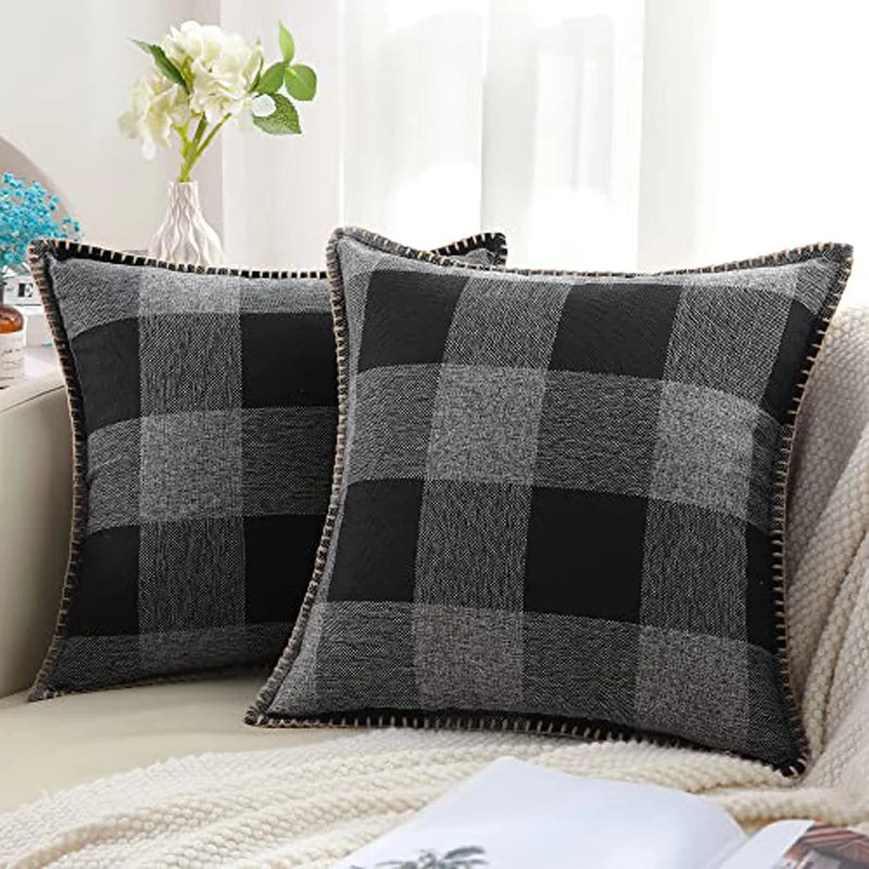 Axyaa Plush Check Throw Pillow Covers Set of 2 Cream White
