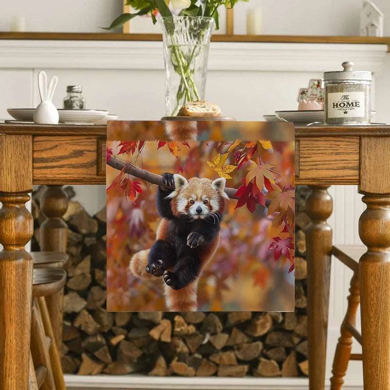 Autumn Red Panda Maple Leaf Table Runner by Axyaa: Festive Dining Decor