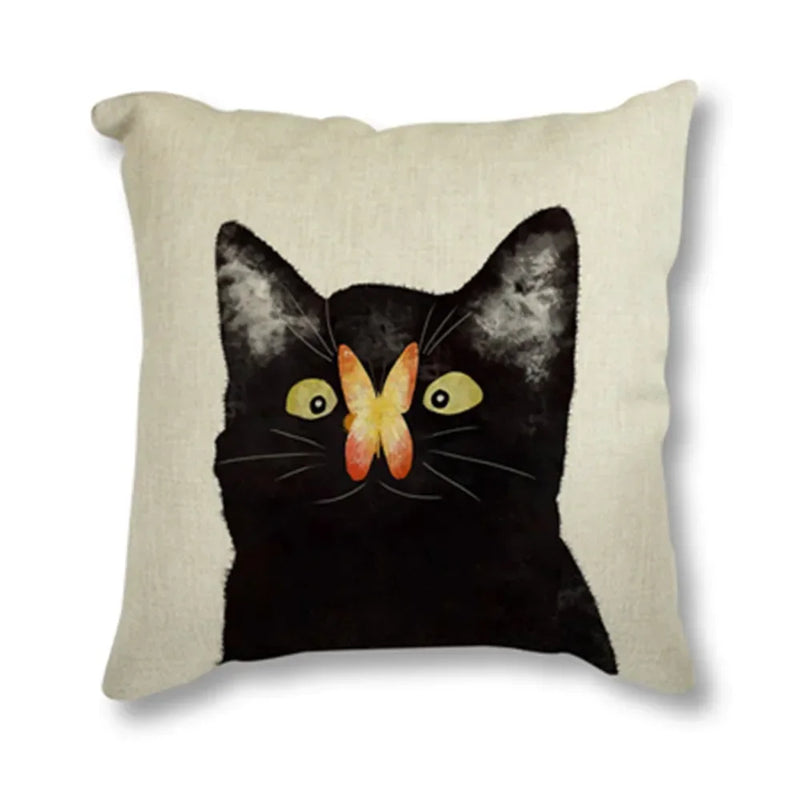 Black Cat & Butterfly Print Linen Cushion Cover by Axyaa - 45x45CM