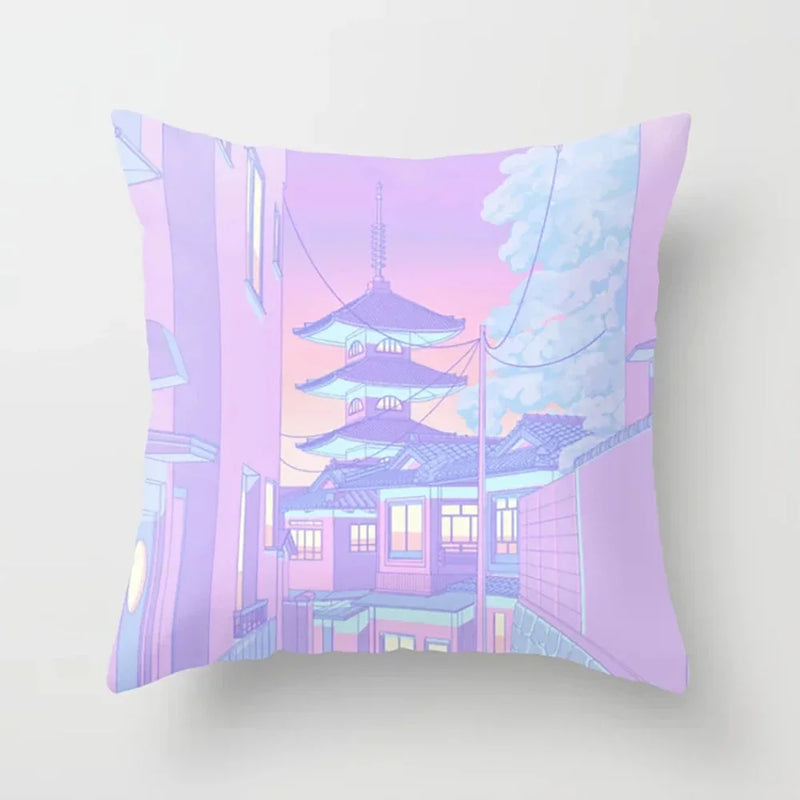 Pink Anime City Print Polyester Pillowcase 45x45cm for Bedroom Living Room by Axyaa.