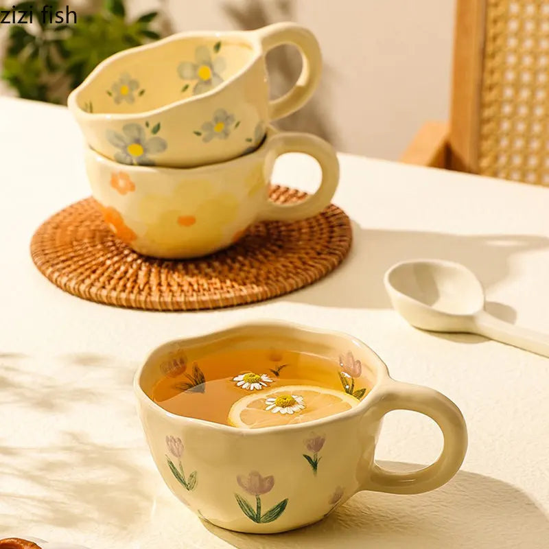 Axya Floral Ceramic Coffee Mug Office Juice Cup Handheld Water Tea Household Cup
