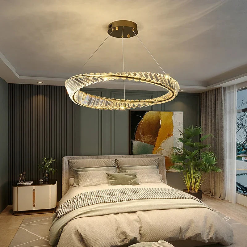 Axyaa Crystal LED Pendant Chandelier for Living and Bedroom, Modern Luxury Gold Lighting