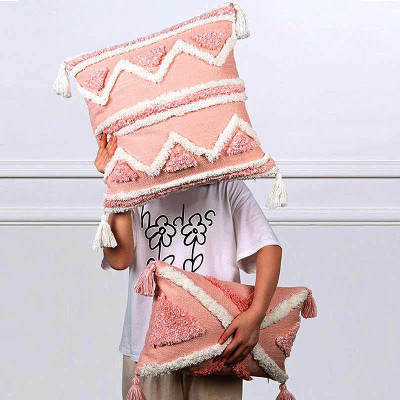 Bohemian Pink Geometric Tassel Throw Pillow Cover for Living Room Sofa by Axyaa