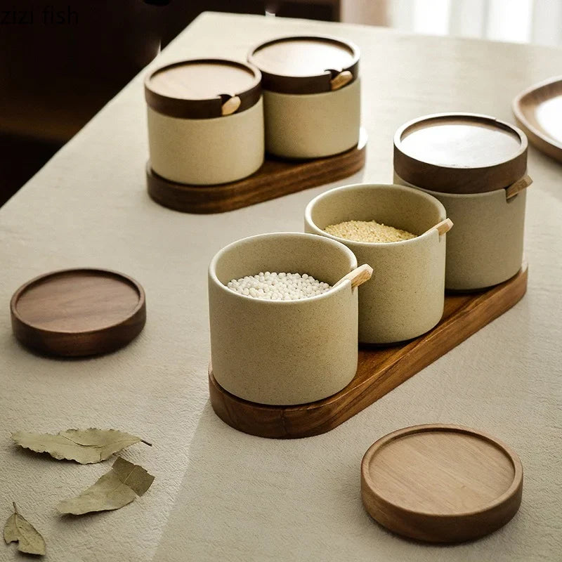 Axya Ceramic Spice Jar Set with Wooden Cover for Kitchen Seasoning