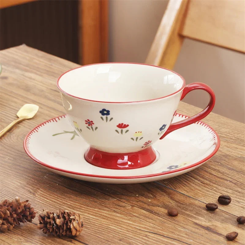Axyaa Retro Flower Ceramic Coffee Cup&Saucer Set Elegant Teaware
