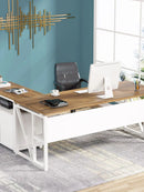 Axyaa 63" Computer Desk with Storage Shelf, Dark Walnut + Steel, Home Office Workstation