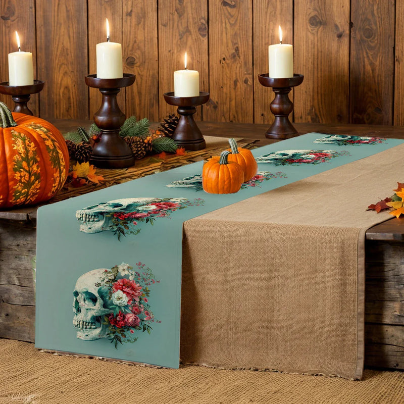 Skull Flower Table Runner: Rustic Axyaa Decor for Dining, Wedding, Party