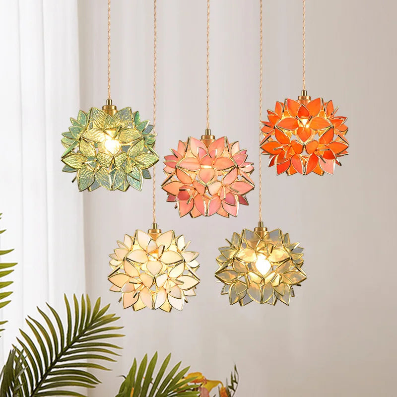 Axyaa Pink Glass Flower LED Pendant Lamp with Gold Retro Base