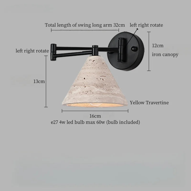 Axyaa Nordic Minimalism LED Wall Sconce Yellow Travertine Pull Chain Switch
