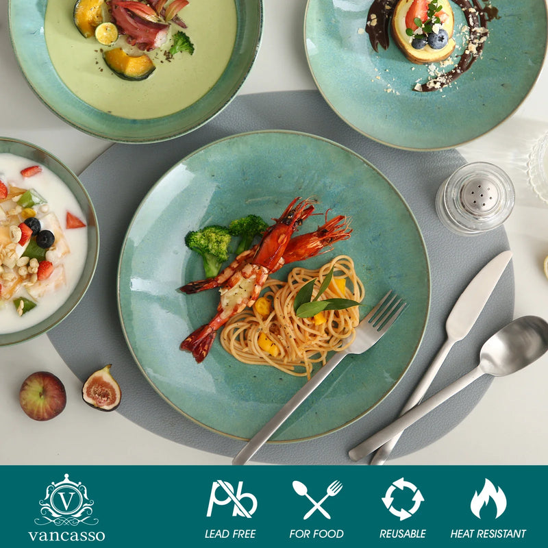 Axya™ Karst Green Stoneware Tableware Set for 4/8/12: Dinner, Dessert Plate, Soup Bowl, Mug