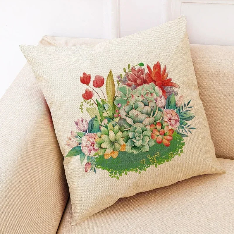 Axyaa Cactus Plant Pattern Linen Pillowcase - Home Decor Sofa Pillow 45*45cm