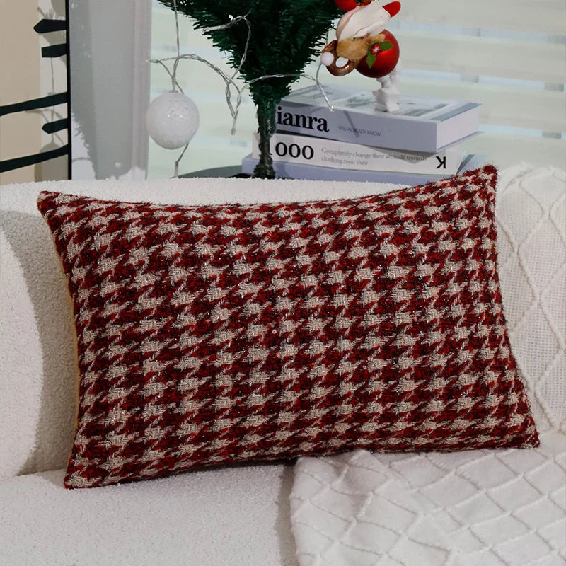 Axyaa Retro Red Houndstooth Christmas Cushion Cover for Home Decor