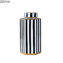 Axyaa Geometric Striped Ceramic Jar with Cover - Home Decor Craft Storage