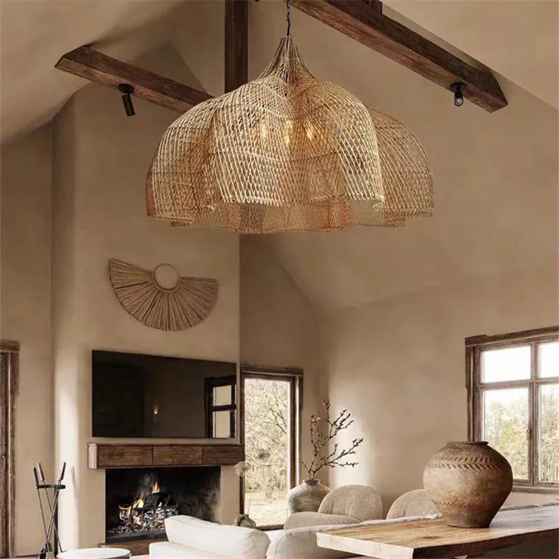 Axyaa Wicker Pendant Light: Handmade Rattan Umbrella Dining Room Fixture