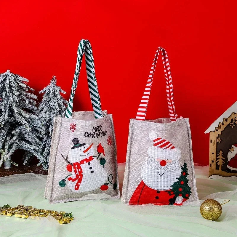 Christmas Candy Bag with Snowman & Santa Claus Pattern by Axyaa - Festive Tote Bag