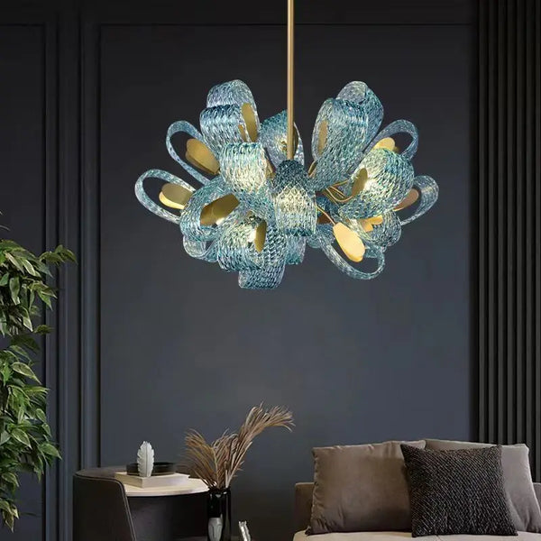 Axyaa Blue Peacock Leaf LED Ceiling Chandelier for Living Room