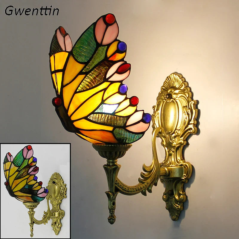 Axyaa Butterfly Stained Glass Wall Lamps: Mediterranean Style Living Room Lighting Fixtures