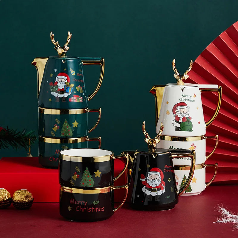 Axya Ceramic Elk Teapot Mug Set - Festive Home Gift for Christmas & New Year