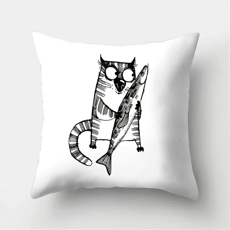 Axyaa Black & White Cat Pattern Cushion Cover for Living Room, Bedroom & Sofa