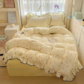 Axyaa Cream Lace Girl Powder Grid Korean Double-Layer Quilt Cover Set