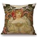 Axyaa Art Nouveau Mucha Gallery Cushion Cover - Beautiful Girl Pattern Linen Pillowcase