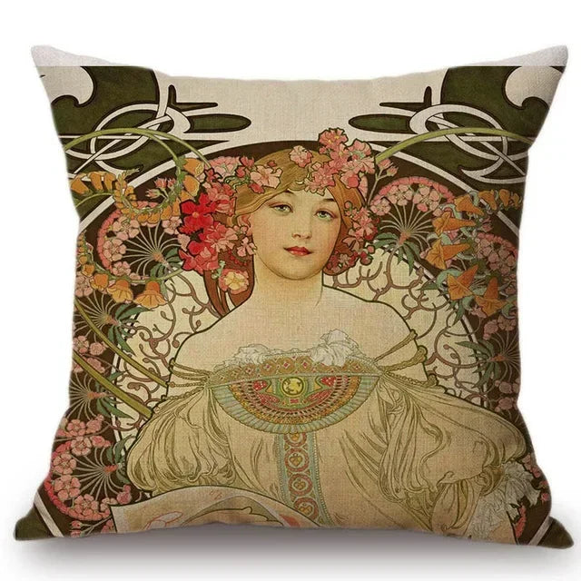 Axyaa Art Nouveau Mucha Gallery Cushion Cover - Beautiful Girl Pattern Linen Pillowcase